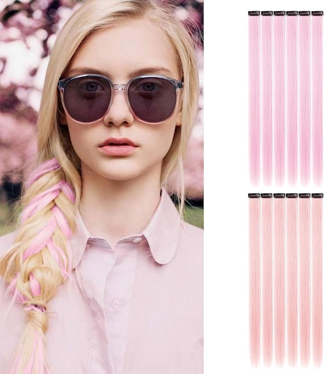 Haarextensions, 12 stuks, roze, highlights, 53 cm, steil haar, lokken, met clips, roze clip-in haarverlengingen, kleurrijk, voor kinderen, roze