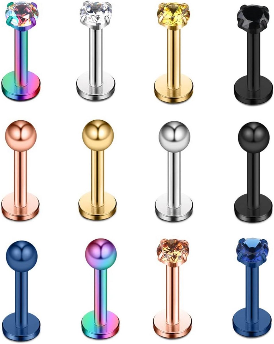 12 stuks lippenstekers 16G roestvrij staal lippen ring oor botten nagel lichaam piercing sieraden, 8mm, Roestvrij staal