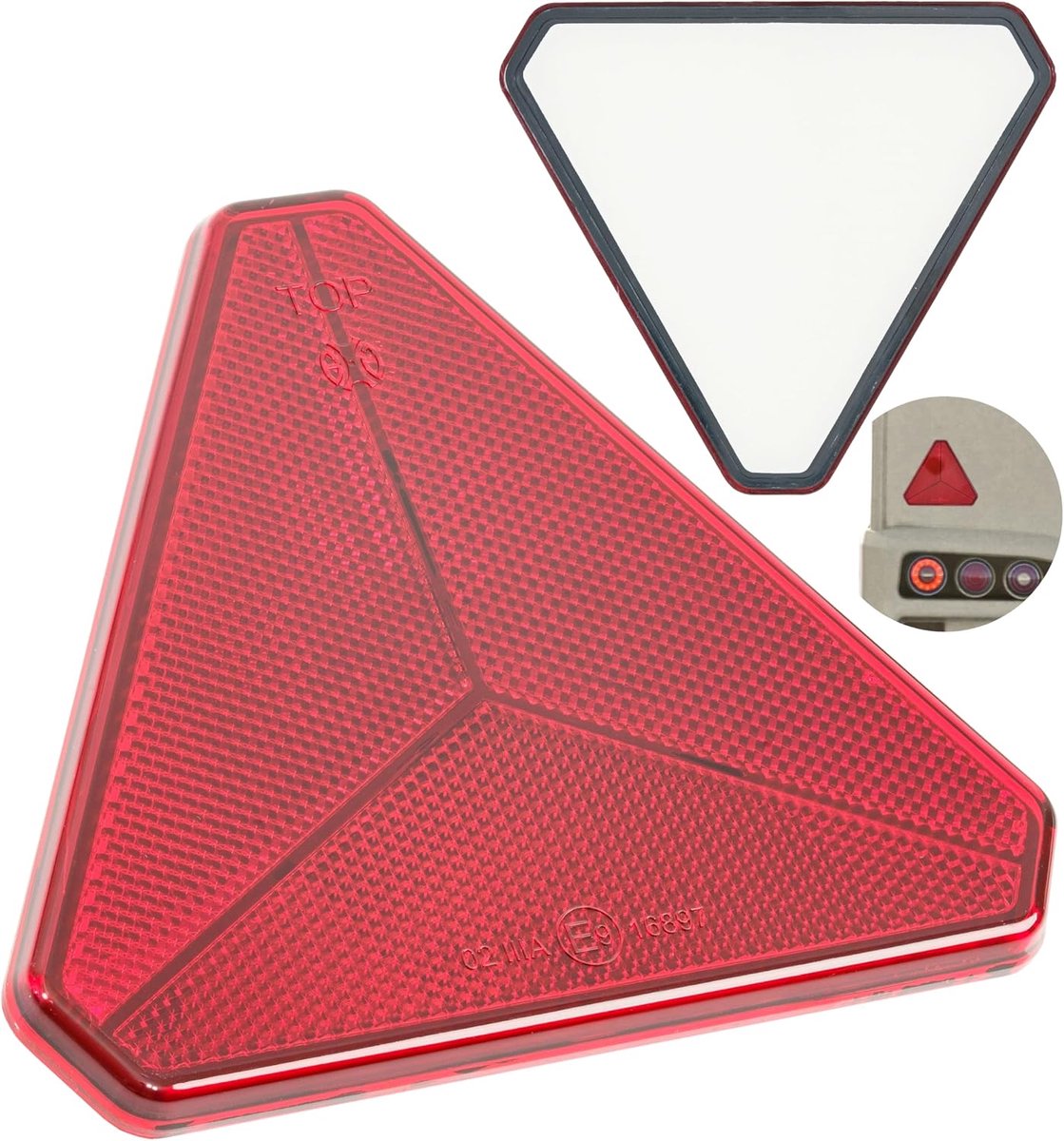 set à 2 stuks, in rood, om te lijmen, zijdelengtes 135 mm, kattenoog aanhanger met E-markering, achterreflector, driehoekige achterdiffusieschijf