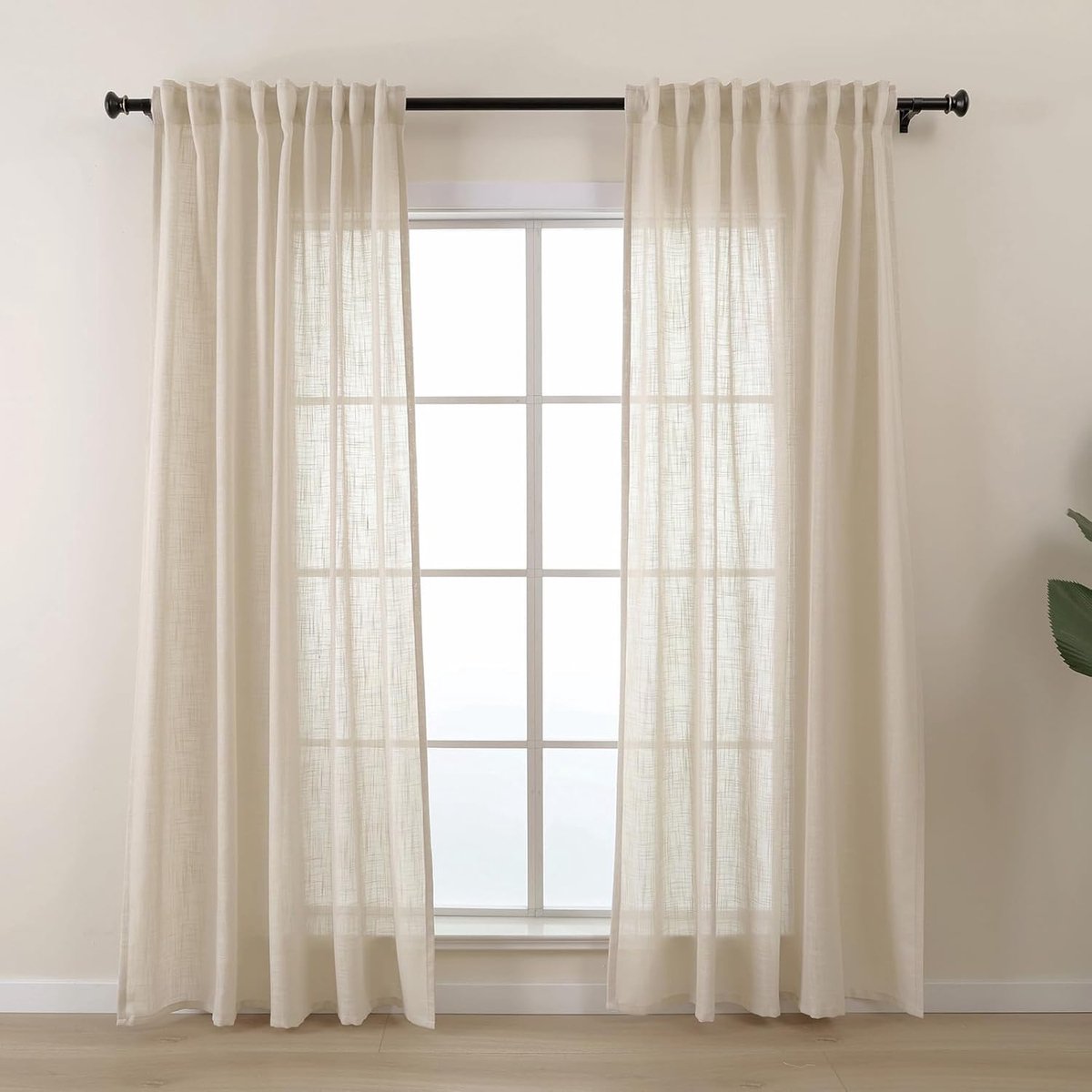 Beige gordijnen met plooiband, semi-transparante linnen gordijnen voor woonkamer, slaapkamer, kinderkamer, raam, set van 2, effen kleur, linnenlook, landelijke stijl, 260 cm, extra lang