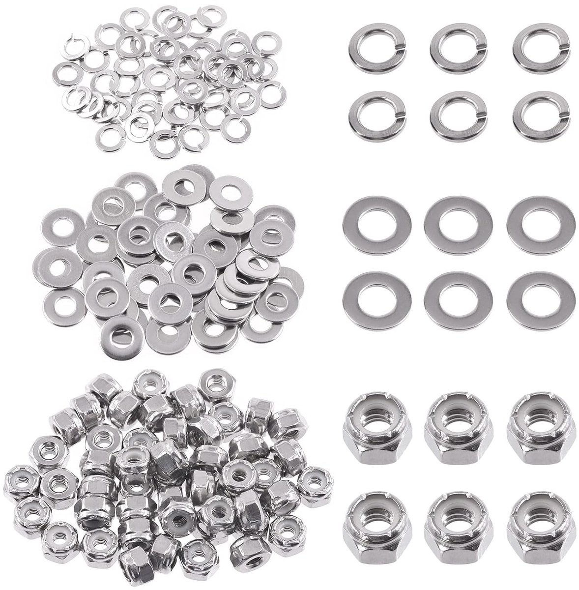 150 stuks SAE 304 roestvrij staal # 8-32 zeskantborgmoeren en # 8 platte ringen met # 8 split lock ringen assortiment kit, zeskantborgmoer voor gebruik in de autowinkel
