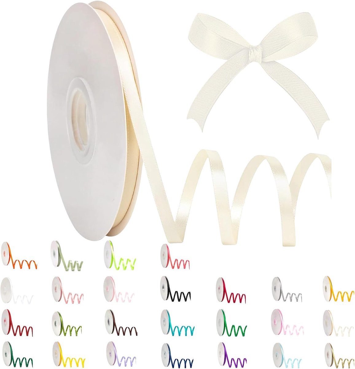 ivoorwit lint 6 mm, satijnen kerstlint effen kleur stof zijden satijnen rol, 91 m ivoorwitte ballon voor geschenkverpakking, doe-het-zelf ambachten, haarstrikken, cake bruiloft ballon VJ-dag 80