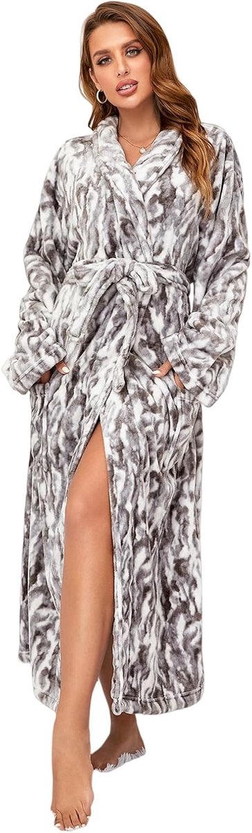 Dames Fleece Badjas met Shawl Kraag - Lange Warme Slobkous - Zachte Woonjurk met Zakken