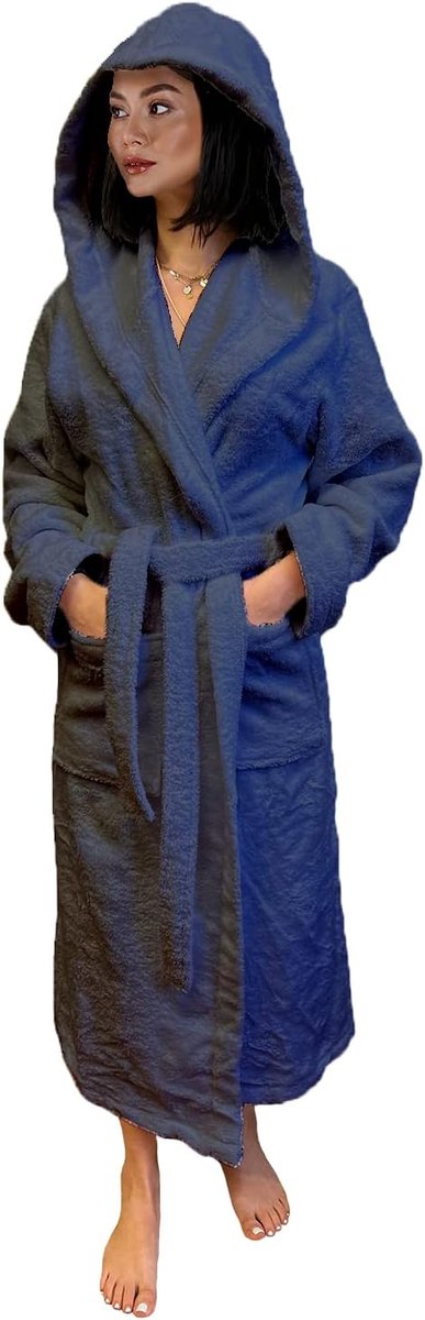 Badjas voor heren en dames, voor hotel en luxe SPA, katoenen badstof, met capuchon, eenkleurig, model: Parel, Denim, L