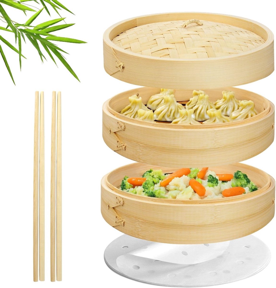 Bamboe Steamer Basket Set (8 inch) met 50x Steamer Liners en 2 paar eetstokjes, Chinese Steamer voor Koken Voedsel