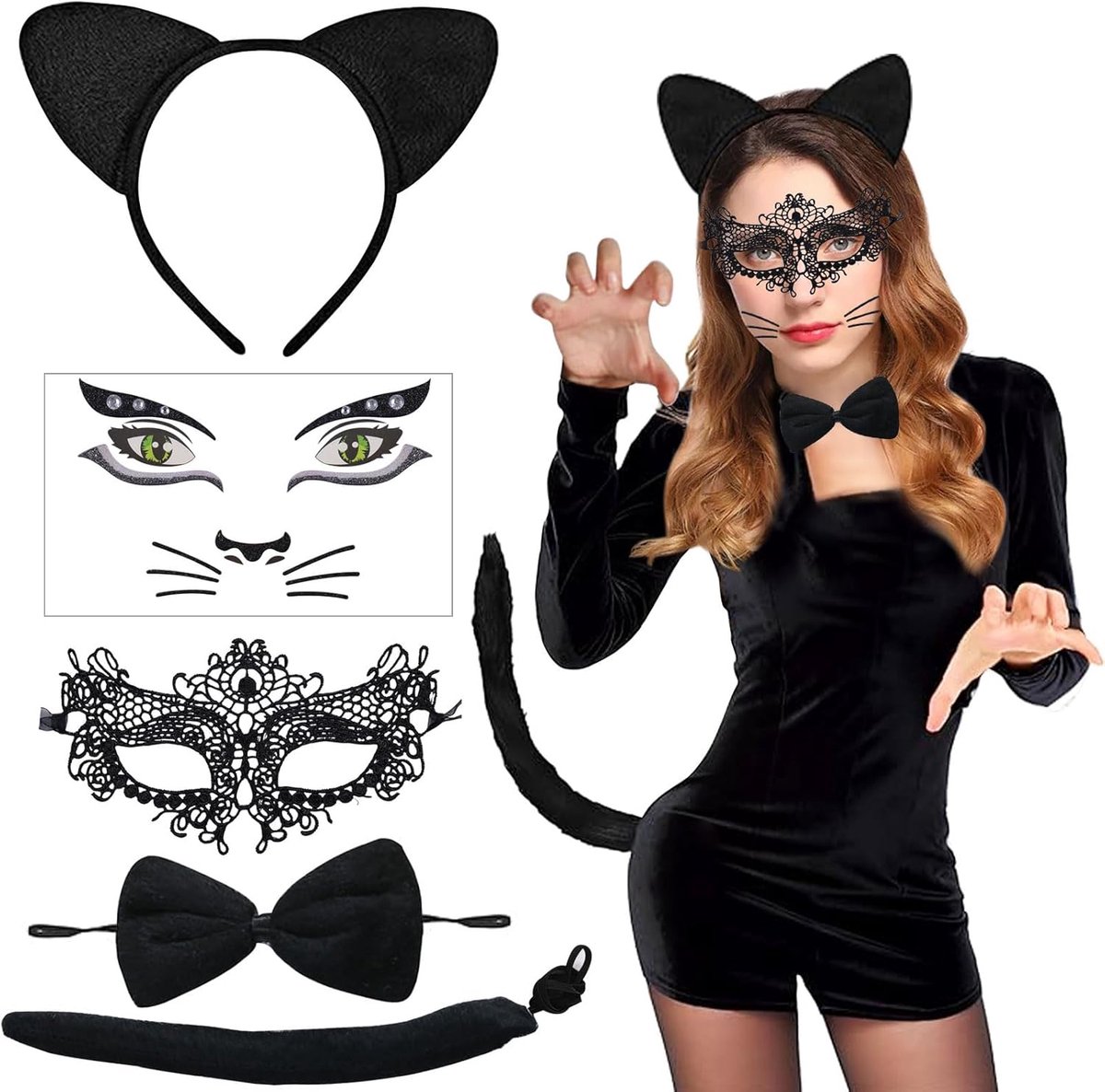 haarband, kattenkostuum voor dames, 5 stuks, kattenstaart, vlinderdas, kattenmasker, handschoenen, kattenkostuum, accessoire voor dames, vrouwen, meisjes, kattenkostuumset,