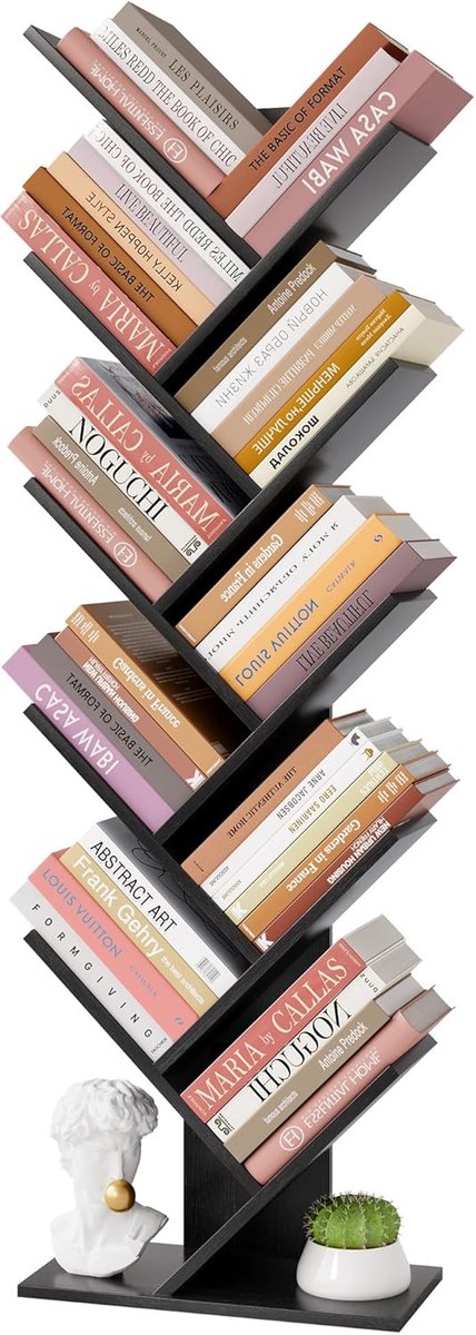 Boomboekenplank met 10 niveaus, boekenkast met 10 planken, vrijstaande boomboekenkast, staande staande plank voor boeken, boekenorganizer, planken voor thuiskantoor, woonkamer, slaapkamer,