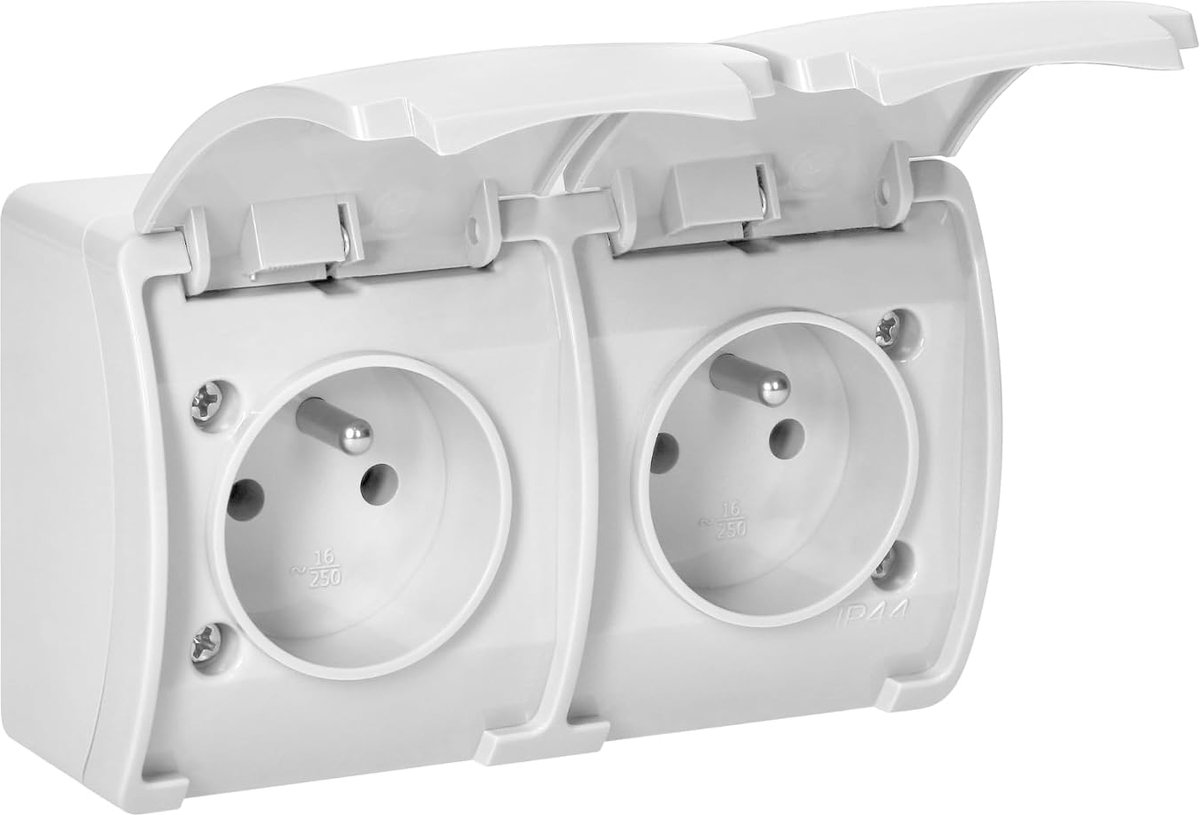 SnelShoppen - Dubbele Wandcontactdoos 2x2P+Z IP44 Type E Frans - Waterdichte Stopcontact voor Buitengebruik - Beschermd tegen Stof en Water - Wit