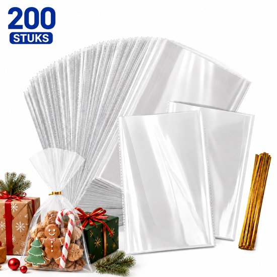 200 petits sacs transparents pour cadeaux, certains remplis de biscuits, bonbons, avec des attaches dorées, et décorations de Noël.