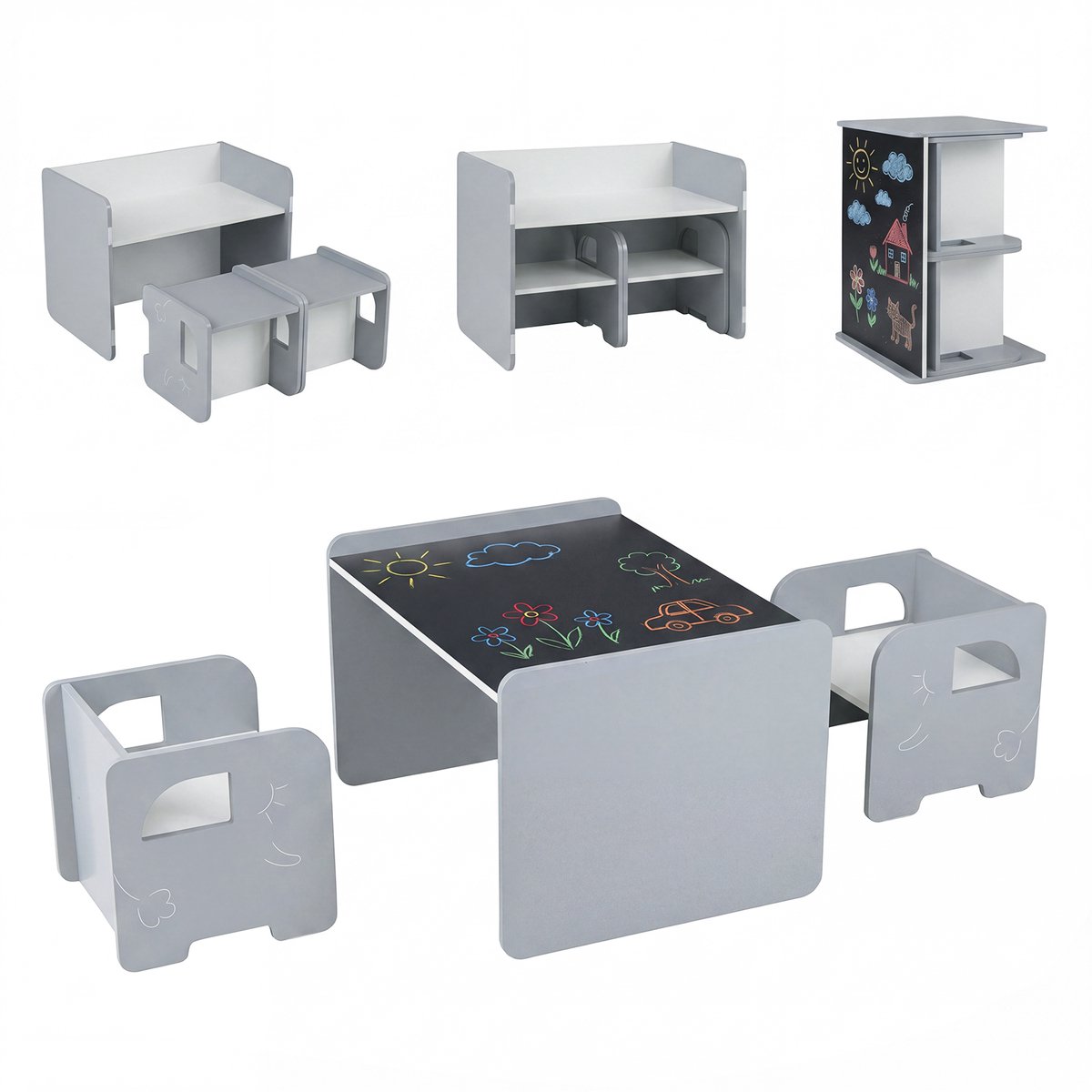 COSTWAY 6-in-1 kindertafel met 2 stoelen, kinder tafel en stoel set met schoolbord & boekenplank, tekentafel met opbergruimte, speeltafel voor kinderkamer, kindersitzgroep voor kinderen vanaf 3 jaar (Grijs)