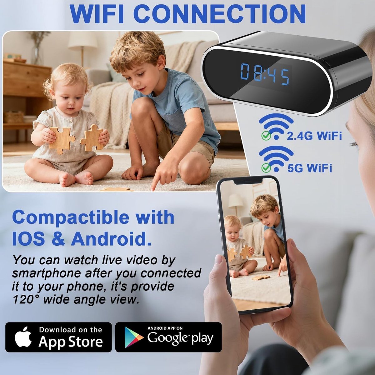 WiFi-spioncamera - Zwart - HD 1080P - Mini-klokcamera met Nachtzicht - Voor Bewaking