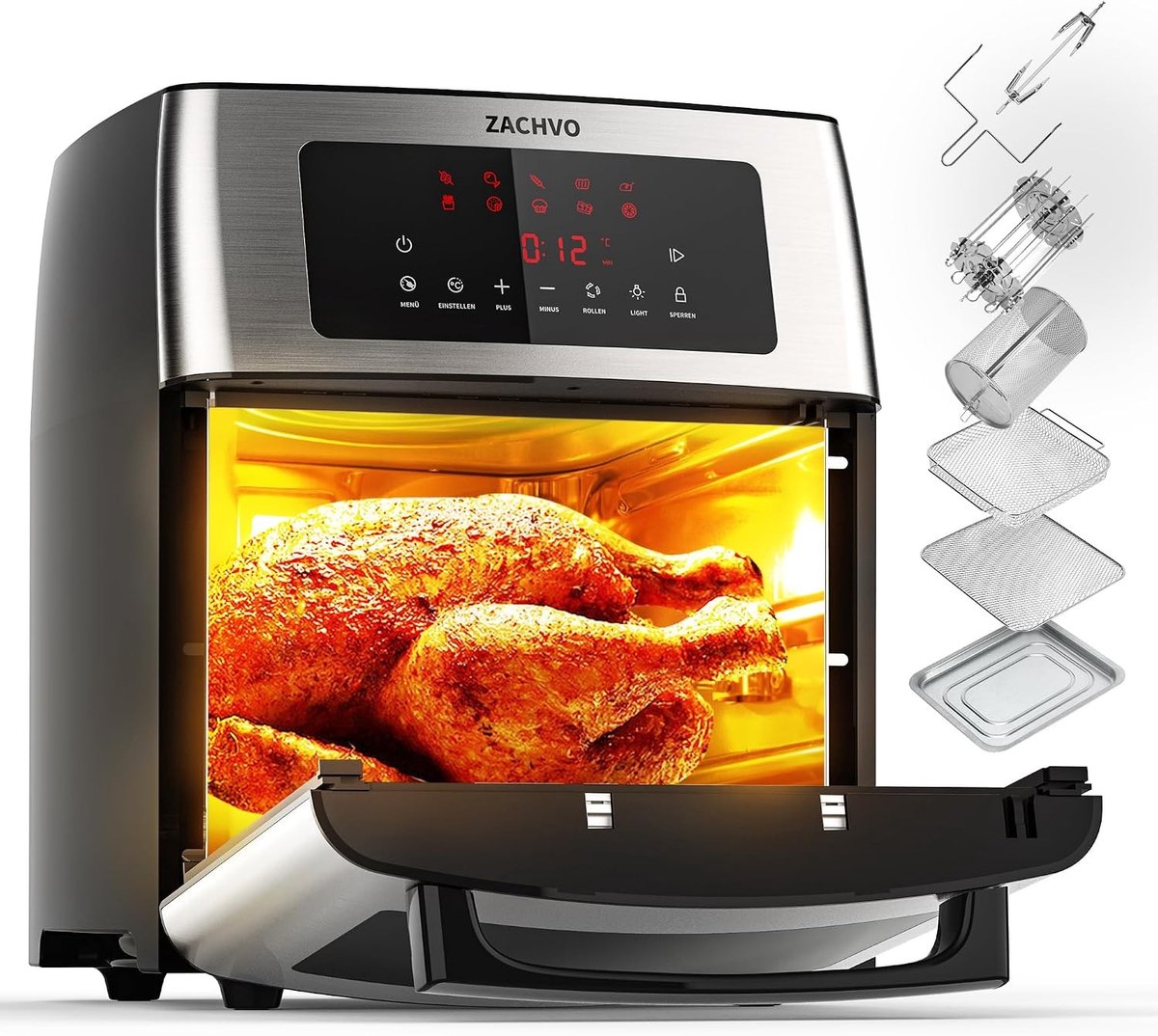 Heteluchtfriteuse - 15 liter - Airfryer met Roterende Grill en Touchdisplay - Voor Vetarm Frituren