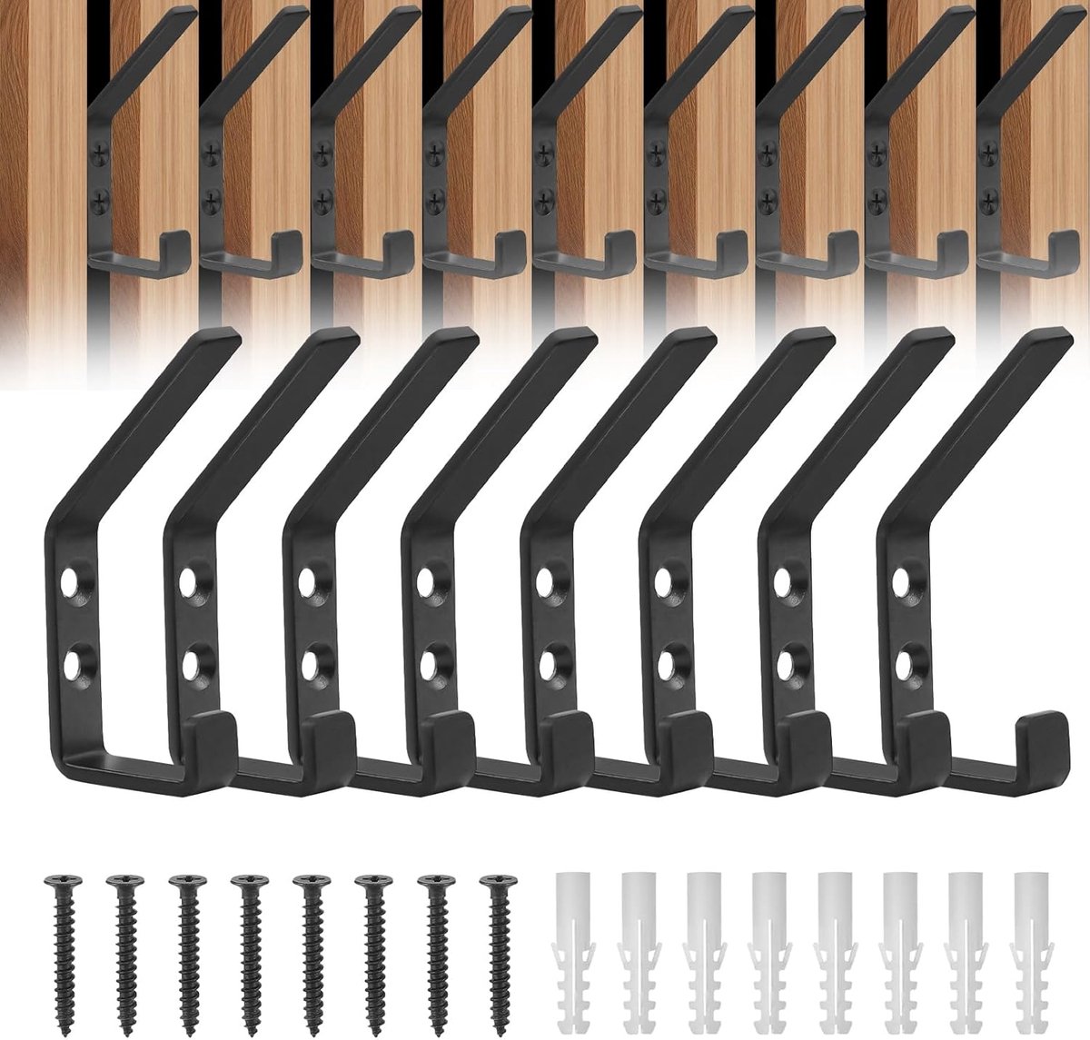 SnelShoppen - 8 x Zwarte Acoustic Paneel Haken 13 mm Dubbele Kledinghaken met Schroeven en Plastic Pluggen voor Muur - Perfect voor Kleding en Handdoe