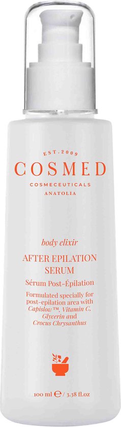 Cosmed After Epilation Serum: body elixir, 100 ml. Wit flesje met witte pomp en doorzichtige dop. Tekst: 'AFTER EPILATION SERUM'