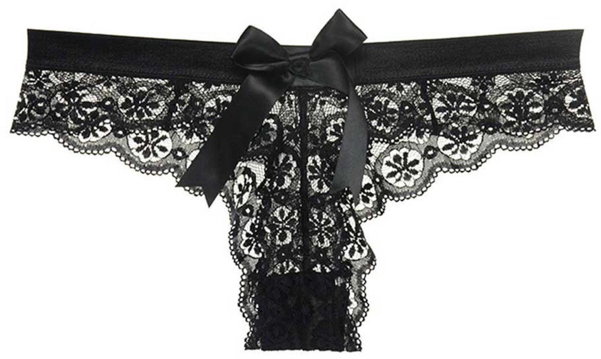 2x Lingerie - String - Kant - Mesh - Slip - Sexy ondergoed - Met strik - Onderbroek - Lace thong - Mesh underwear - Sexy lingerie - Dames ondergoed - Maat M - 2 stuks - Zwart - Jonyx