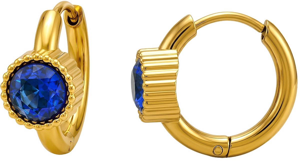 Joy Ibiza - oorbellen - zirkonia saffier blauw oorringen - 16 mm met klap scharnier sluiting - chirurgisch staal - ear party boho - bohemian style - ip/pvd goldplated t66