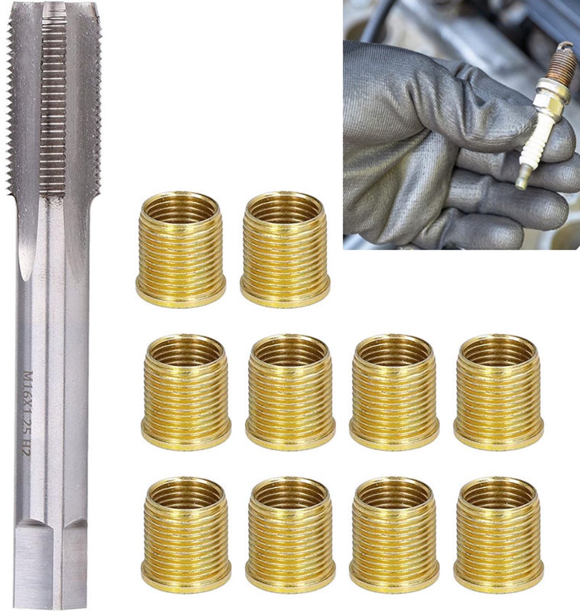 KZQ 13-delige bougiedraad reparatieset M14x1.25 - Koolstofstaal verzinkte draadinserts en tap - Voor beschadigde bougiebehuizingen - Professioneel gereedschap voor autoreparatie - Zwart