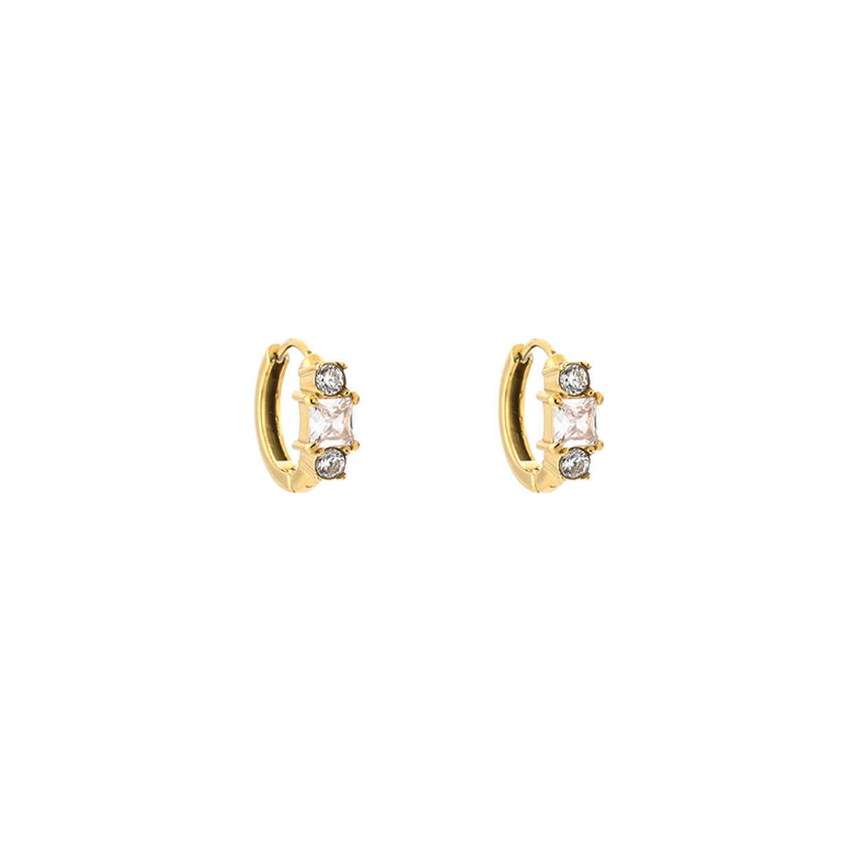 Princess Cut Three-Stone Zirconia Huggie Hoops – Luxe Oorringen met Zirkonia Strass Trio – RVS - Goud