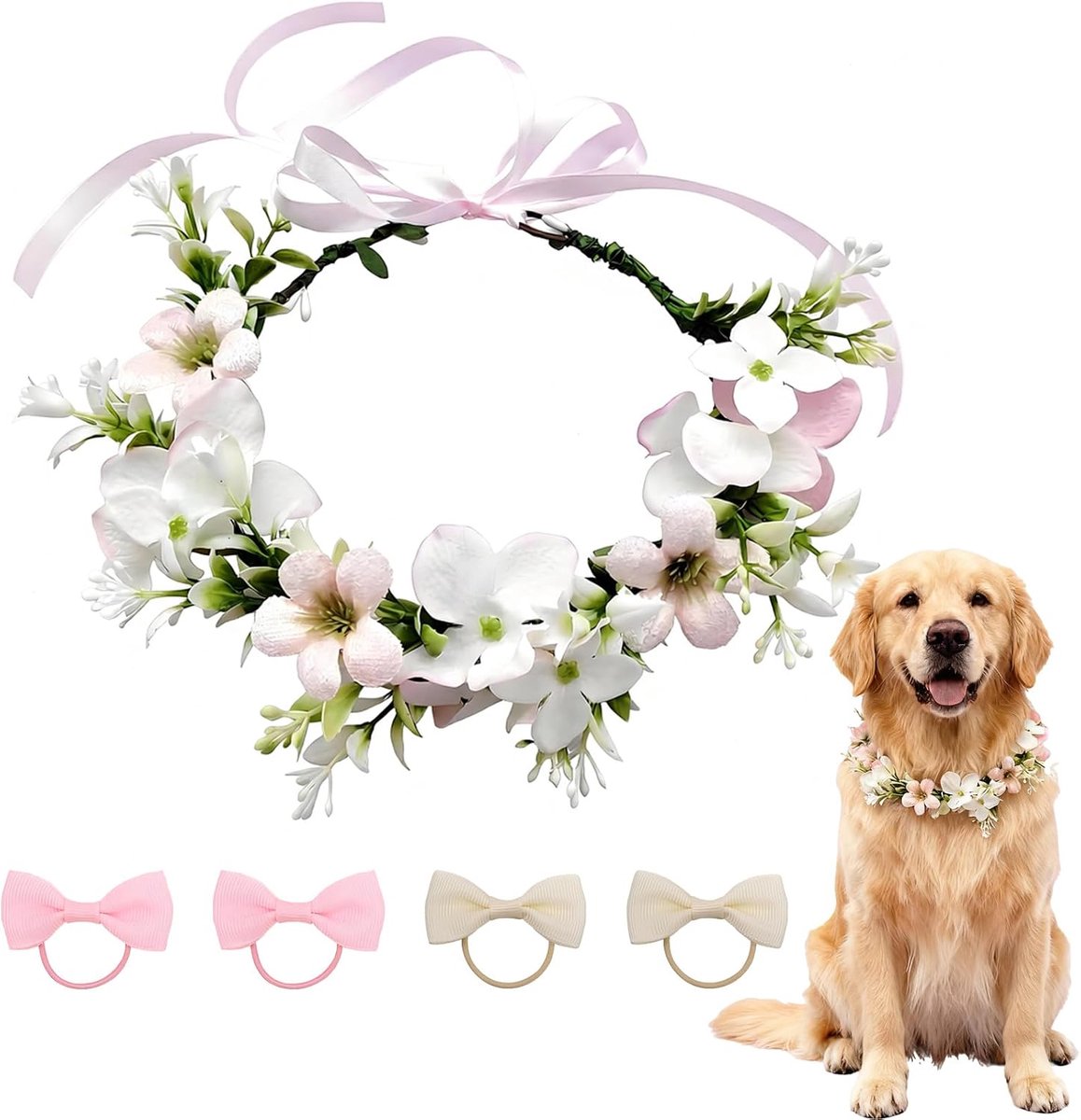 Honden Trouwen Bloemenkrans Halsband - 1 Bloemenkrans + 4 Haarelastieken - Wit en Roze - SnelShoppen