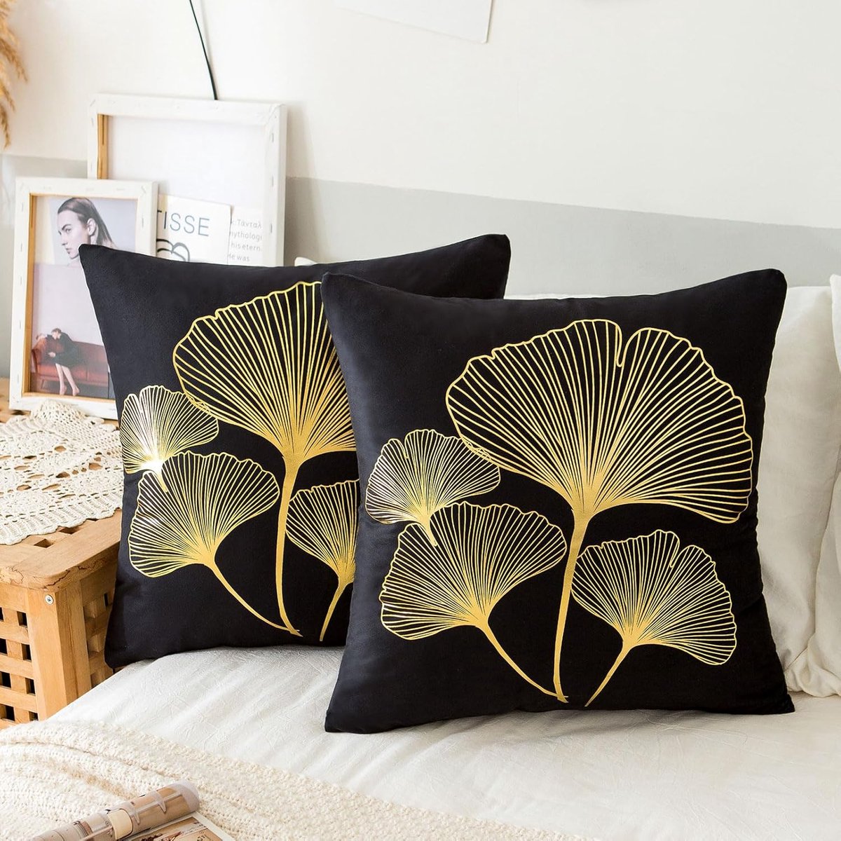 Kussenhoezen Set van 2 50x50cm - Velvet - Ginkgo Biloba Bladpatroon - Zacht en Comfortabel voor Sofa en Bed - SnelShoppen
