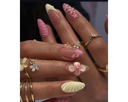 MouyouGlow Press on Nails Kort, Amandel Roze Frans 3D Bloemen Floral Water Rib Design Mandel Y2k Fake Nails, Gele Tips - ShopVlot