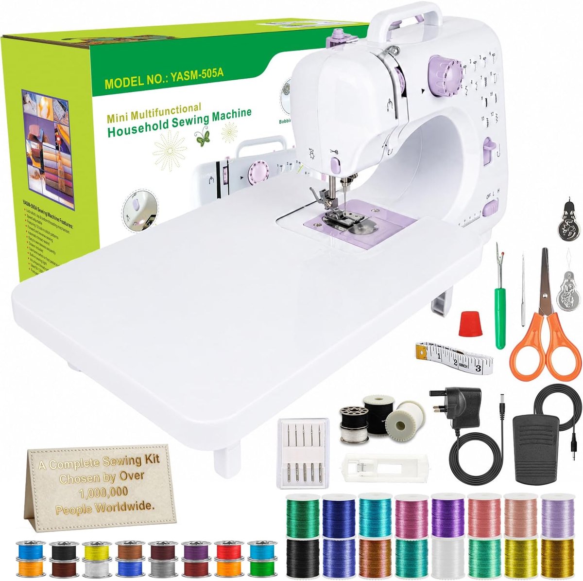 Elektrische naaimachine voor beginners met uitbreidingstafel, 12 steekpatronen, 42-delige naaiaccessoires voor kinderen en volwassenen, doe-het-zelf, thuis, klaslokaal, slaapzaal, werkplaats