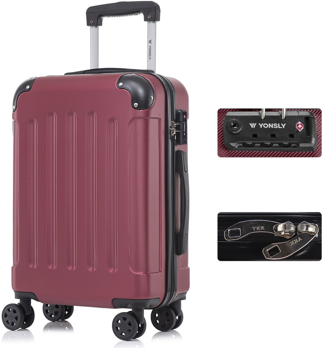 YONSLY Handbagage Koffer - 55cm - 40 L - TSA Slot - YKK Rits - 360° Draaibare Wielen - Wijnrood