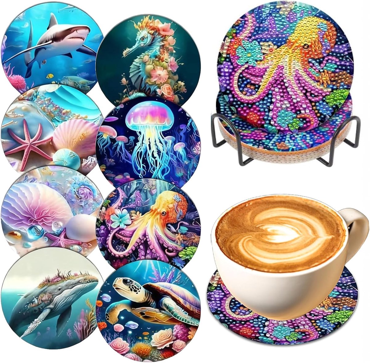 8 stuks Diamond Painting onderzetters set met houder, zeebewoners | Diamant schilderij bekeronderzetter, met kurkbasis, antislip, herbruikbaar, knutselset, doe-het-zelf cadeau-idee