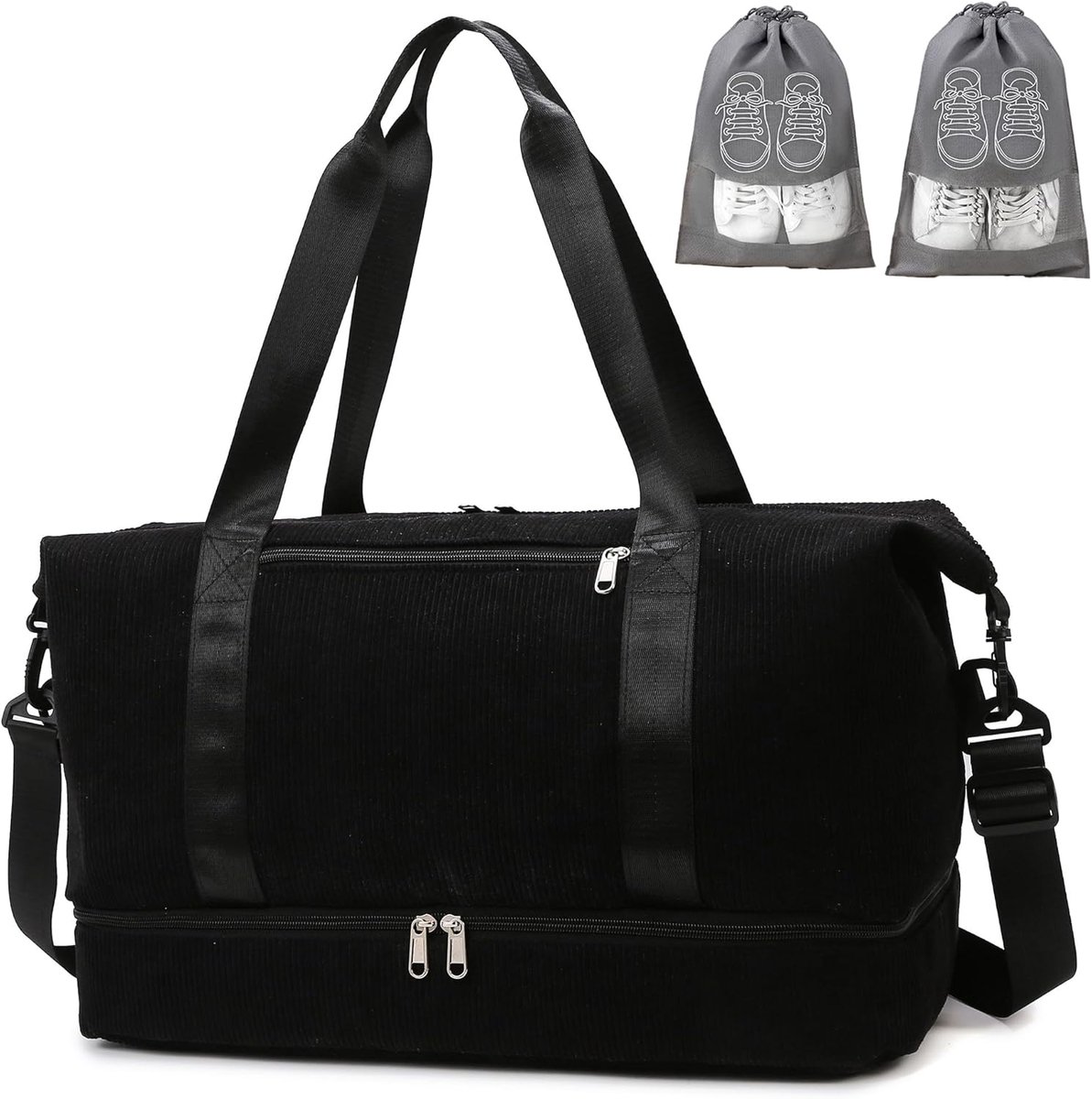 Sporttas, reistas voor dames, 35 liter, weekendtas, duffle bag met 2 schoenenzakken, schoenenvak en nat vak, corduroy strandtas, trainingstas, handbagage, tas voor gym, reizen, vakantie, zwart