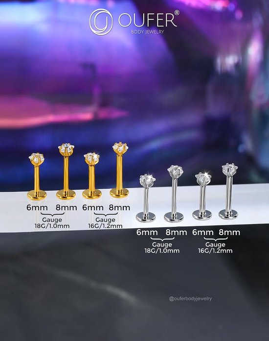 Body Piercing Titanium 18G/16G Labret Studs Lip Stud Medusa Piercing Threadless Labret Bars Push in Cartilage Helix Tragus Piercing Jewellery Flat Back Earring 6mm 8mm for Women Men — afbeelding 4
