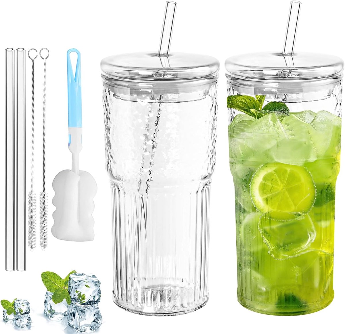 2 stuks 650ml glazen beker: drinkglas met deksel en rietje, breedhals Iced Coffee glas van hoogwaardig glas, lucht- en waterdicht ontwerp, ideaal als koffie