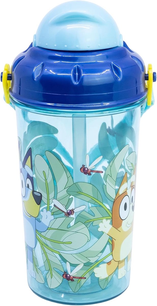 Kinderdrinkfles met Rietje Bluey 465ml - BPA-vrije Plastic Fles met Deksel en Draagriem voor School en Sport