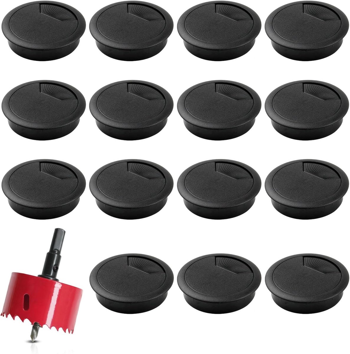 Kabeldoorvoer voor bureau, rond, diameter 60 mm, met gatzaag, zwart, kunststof, kabeldoorlaat, set voor kantoor, werkbladen, thuiskantoor, tafel, kabelmanagement, organizer, 15 stuks