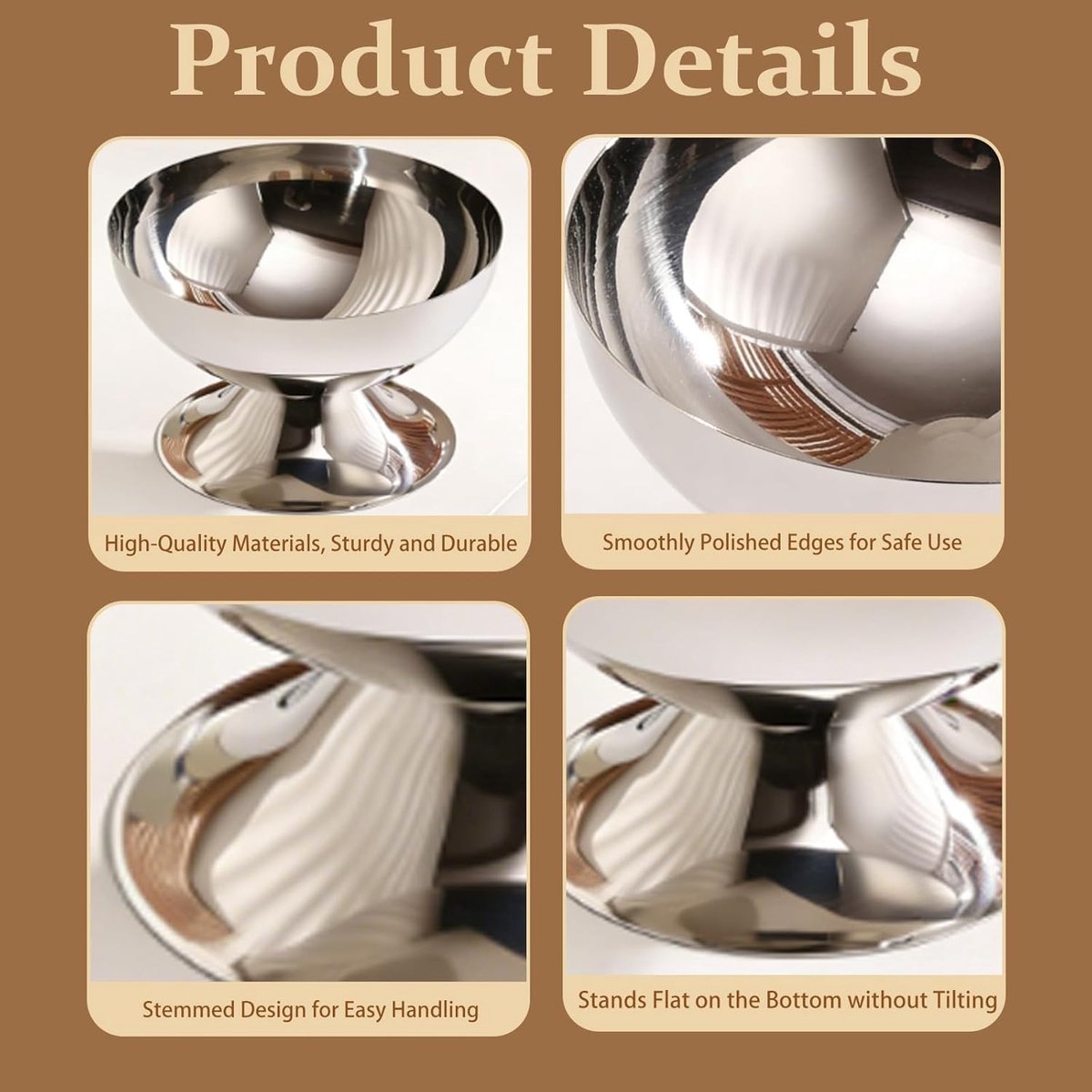 set van 4 roestvrij stalen ijsbekers - Ø 10 cm - 200 ml vintage roestvrij stalen dessertkom, cocktailglazen met voet, ijsroom sorbet dessertglazen voor fruit, salade, yoghurt en