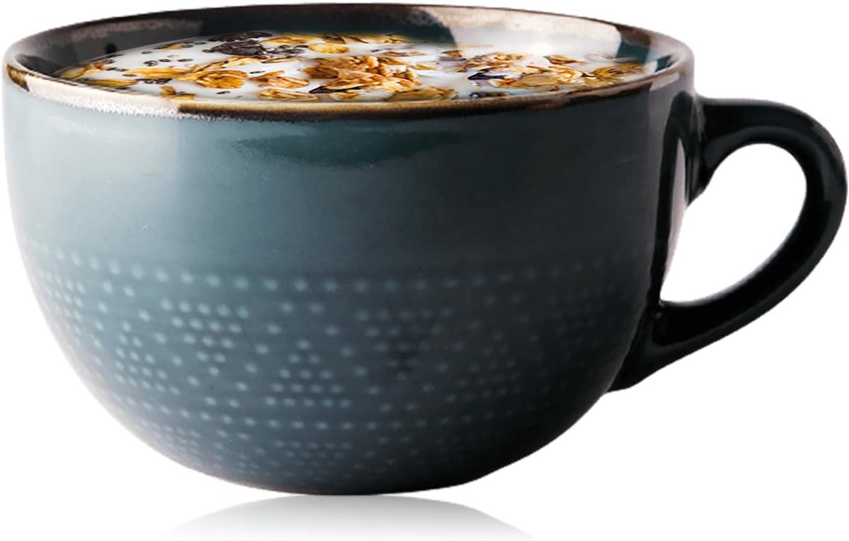 mok keramiek: 700 ml koffiemok met handvat, soepkom, theekopjes, muesli-ontbijtbeker, geschikt voor melkdesserts, havermout, magnetronbestendig (donkergroen)