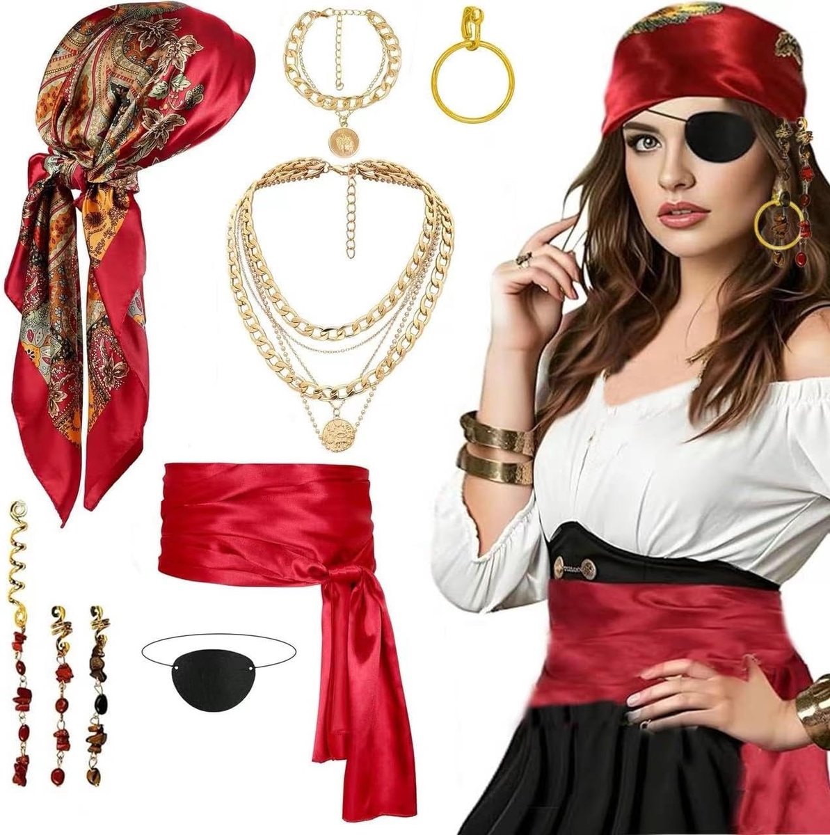 9 stuks piratenkostuum voor dames, piratenkostuum, middeleeuws piratenkostuum, accessoireset, piratenhoofddoek, oogklep, tailleketting, oorbellen, halsketting, piratenaccessoireset, voor carnaval
