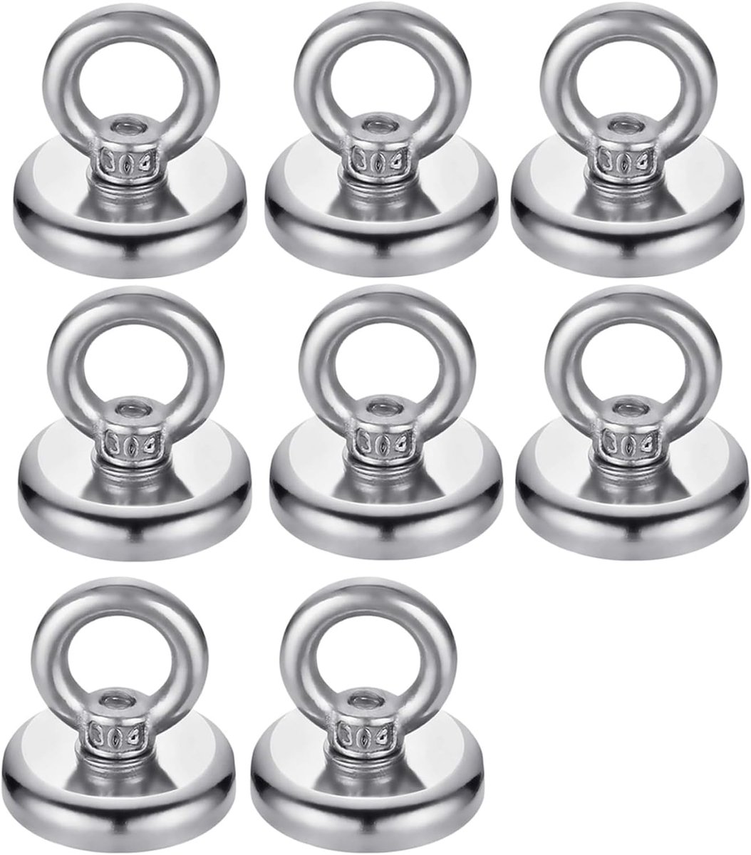 Magneten, 8 stuks, 25 mm magneethaken, magneet met haak, oogjes magnetische haken, neodymium oogjesmagneet, voor koelkasten, keukens, garage, camping, zilver