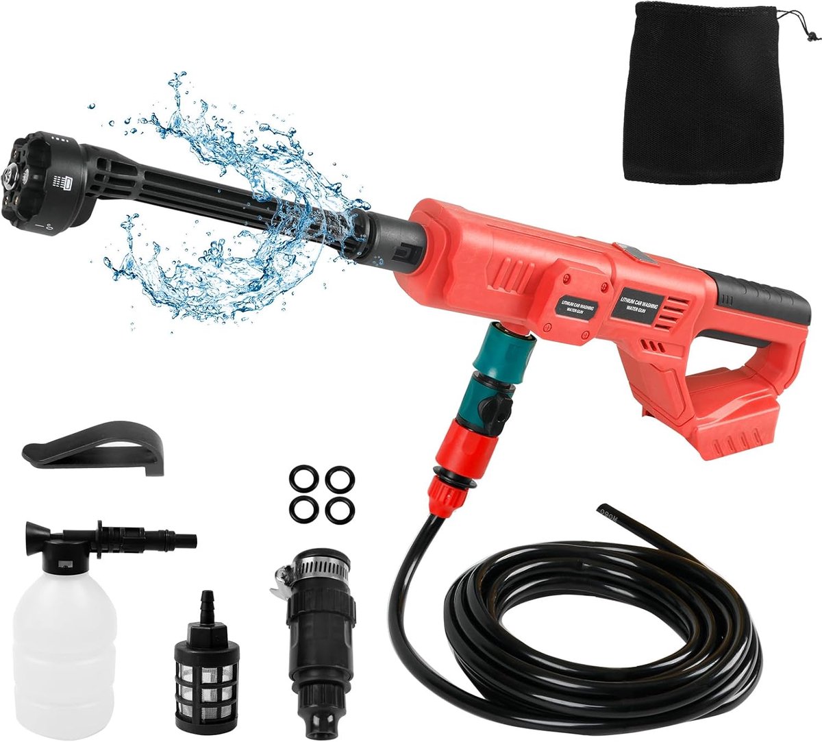 Draagbare draadloze hogedrukreiniger met 6-in-1 mondstuk en schuimrubberen pot voor autohek, vloer, tuin (zonder batterij)