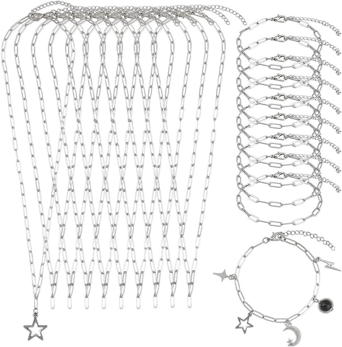 1 doos 20 stuks 45 cm paperclip armband bulk papieren clip kettingen bedels set zilver roestvrij staal metalen kreeft gesp schakelkettingen voor vrouwen mannen doe-het-zelf sieraden maken