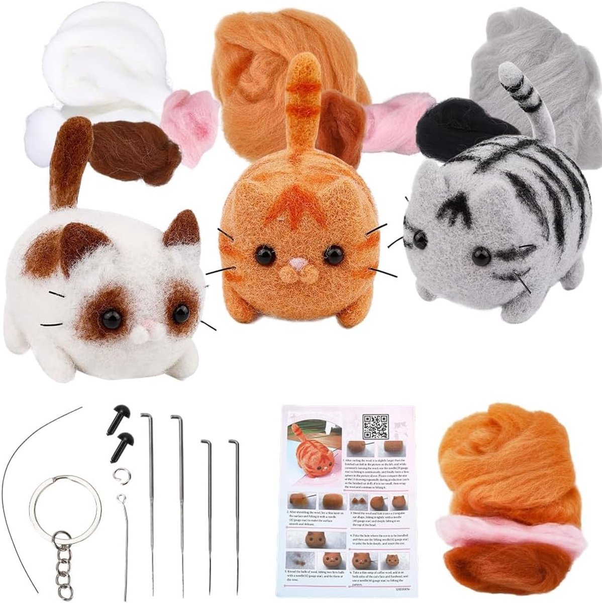 Kits Dieren Naaldvilten Startersset Kat Wol Roving Set Inclusief Instructies Schuim Naalden Sleutelhanger Gereedschap Benodigdheden Voor Beginners Volwassen DIY Handgemaakte Proj
