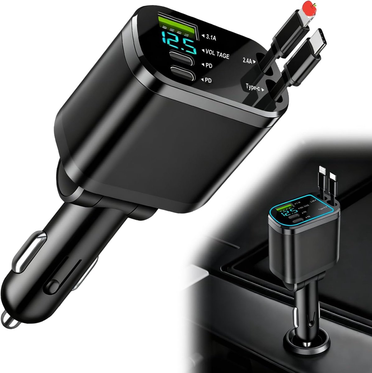 5-in-1 autolader, 75 W snellader, USB-C sigarettenaanstekeradapter 3 poorten (USB×1+USBC ×2) 2 intrekbare kabels (PD + USBC), auto met spanningsweergave 12 V/24 V, geschikt voor de meeste apparaten