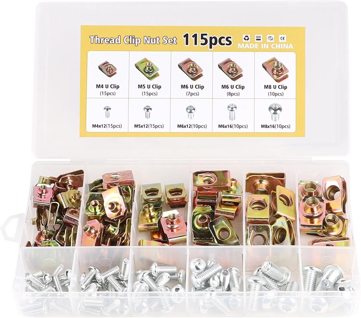 115 stuks autoschroeven en U-moerclips voor auto's, nietjes, schroefsluitingen, moeren, nietjes, U-clips voor spatborden, bumpers