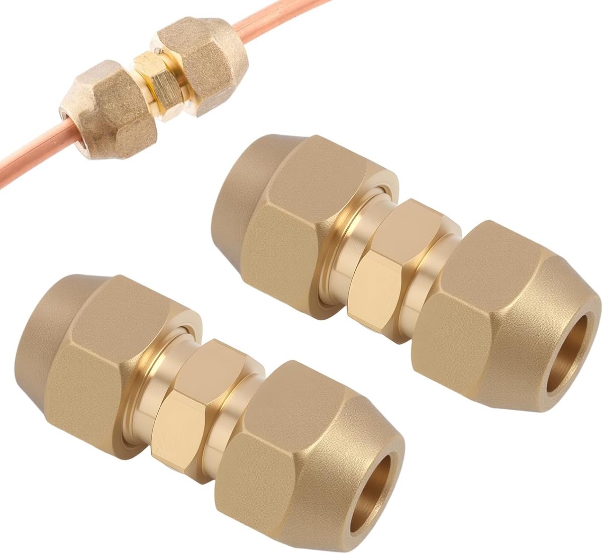 schroefdraadaansluitingen set 3/8 2 dubbele connectoren voor koperen buizen, koperen buisverlenging voor dubbele aansluiting, 9,52 mm koperen buis, messing, met moeren, buis: