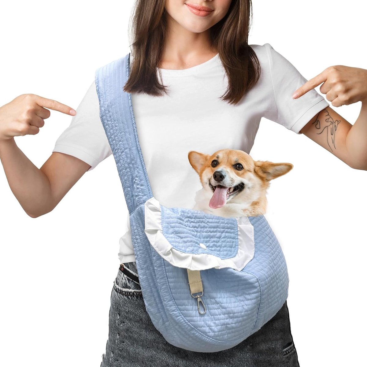 Hondendraagtas tot 10 kg, draagtas voor honden met knoopdesign en linnen haak, kan voorkomen dat huisdieren eruit springen, hondendrager met opbergtas, hondendraagdoek hemelsblauw, 1 stuk