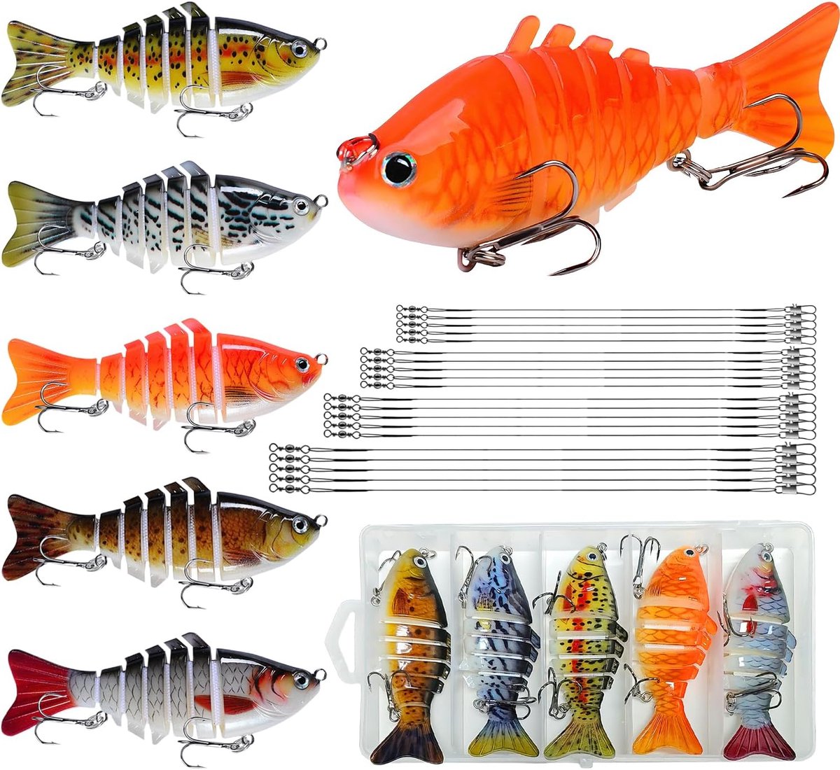 5 stuks visaas met meerdere scharnieren, set met 15 cm, 20 cm, 25 cm, 30 cm, stalen dragers, 3D bionische dobblers, transparante opbergzak, snoekaas, visaccessoires voor zoet en zout water