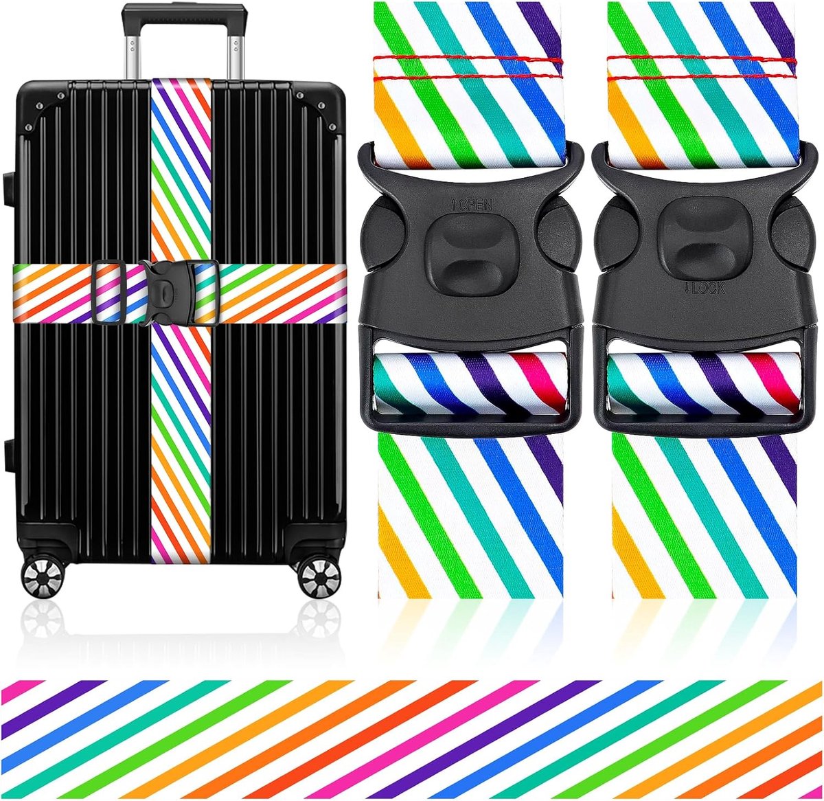 2-delige kofferriem - 200CM kofferband, verstelbare antislip, opvallend gepersonaliseerd voor snelle identificatie, kofferband, kruisband, bagageriem, regenboog
