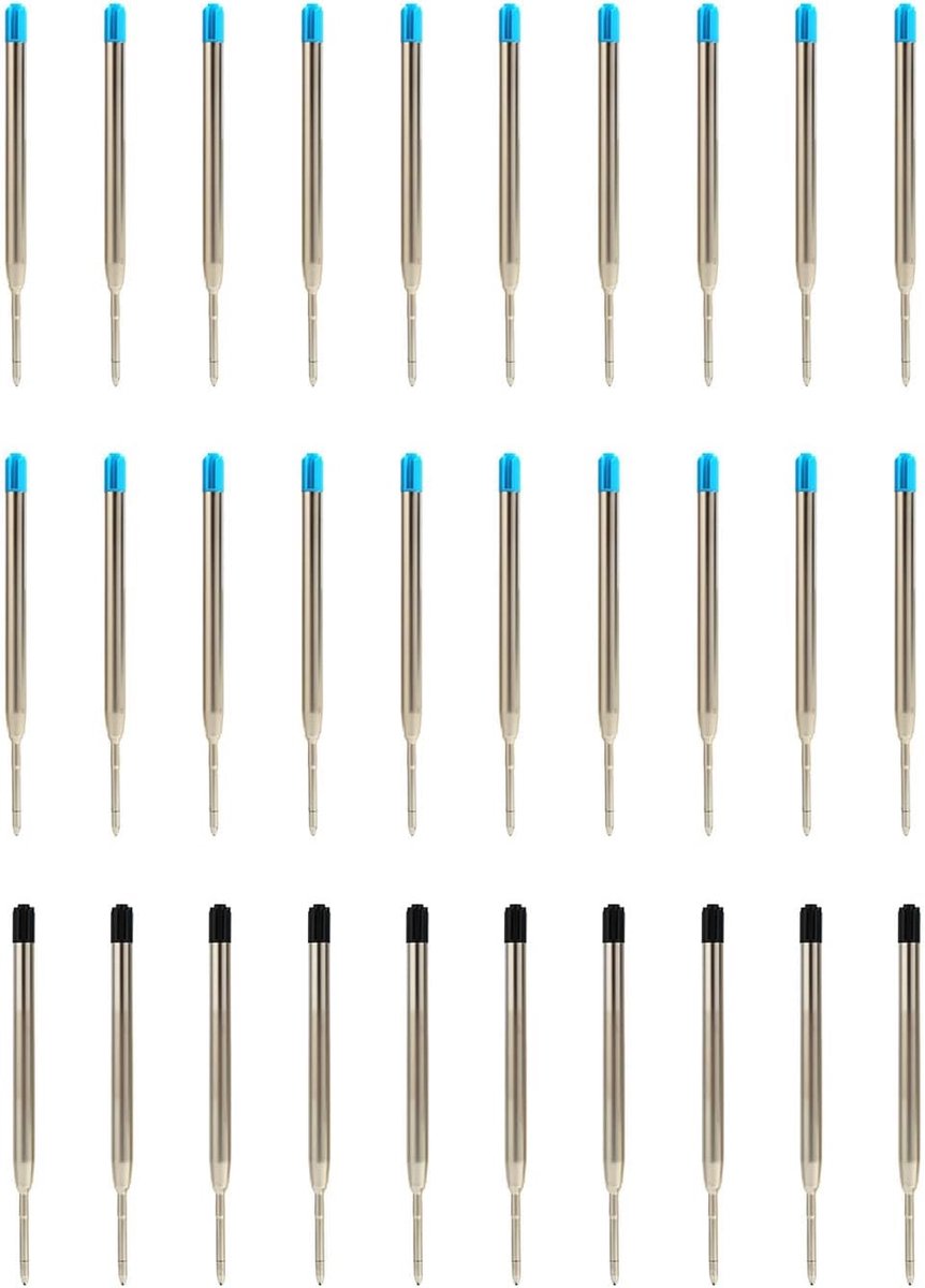 Penvullingen, G2 10 zwart en 20 blauwe, grote vullingen voor standaard balpenvulling, 1,0 mm lijndikte, verwisselbare vullingen voor kantoor, school, eenvoudig te installeren