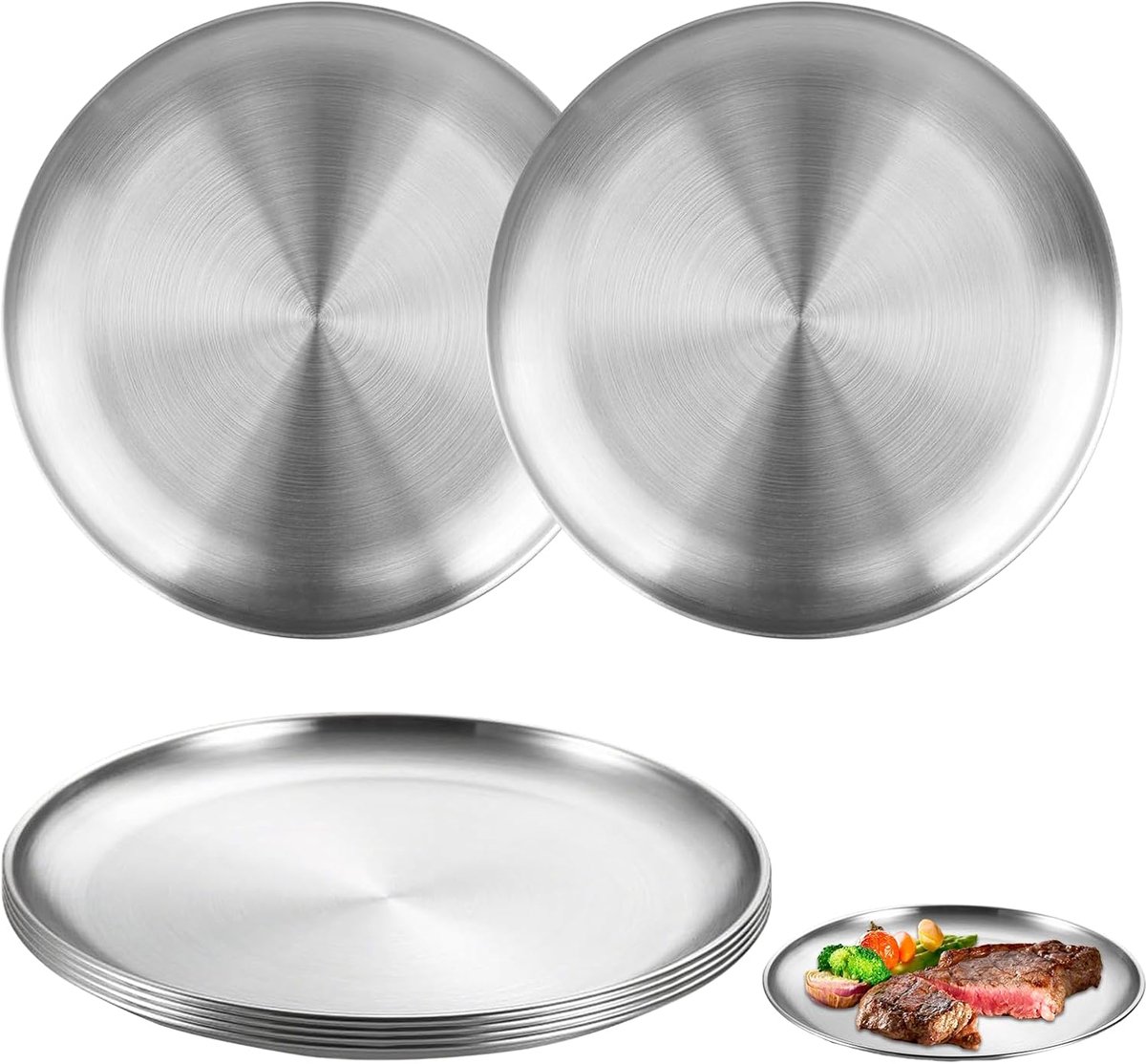 Roestvrijstalen borden, 6 stuks, campingborden, roestvrij staal, platte borden, Ø 20 cm, roestvrij staal, rond servies, pizzaplaat, ronde rijplaat voor picknick, camping, wandelen, keuken