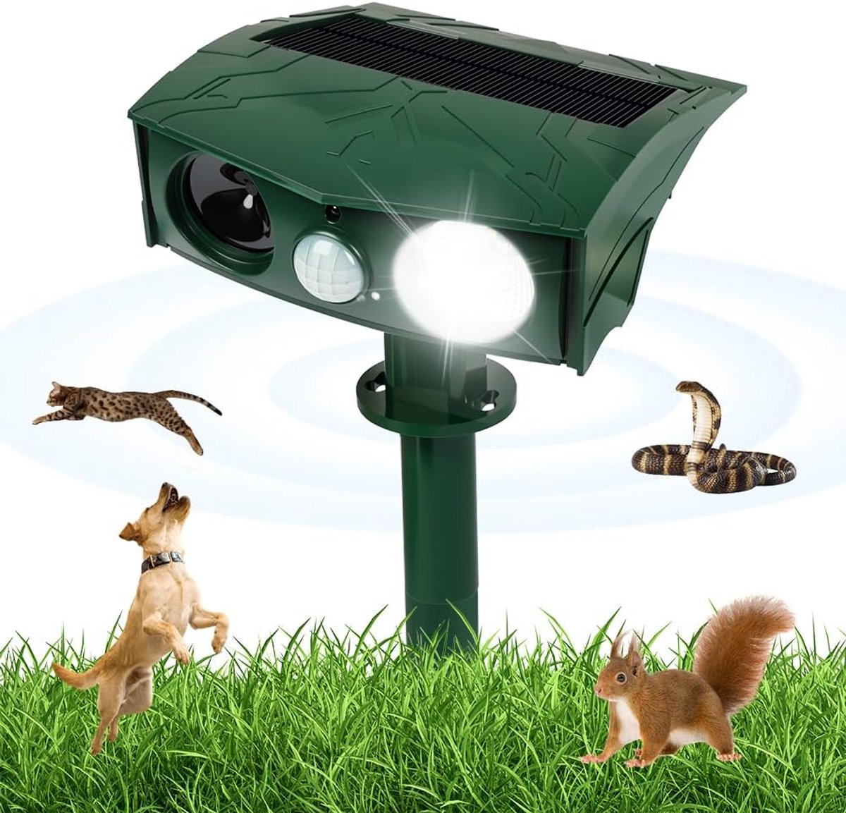 Kattenverjager op zonne-energie, 1 stuk, ultrasone kattenverjager, waterdichte dierenverjager op zonne-energie met bewegingsmelder en flits, effectief tegen vogels in de tuin, kan katten en