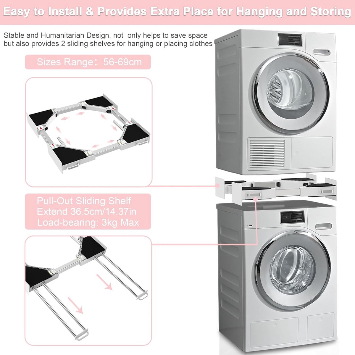 Tussenbouwframe, verbindingsframe wasmachine droger universeel, verbindingsframe tussenbouwset met 4 uittrekbare buizen, instelbare grootte (breedte: 56-69 cm)